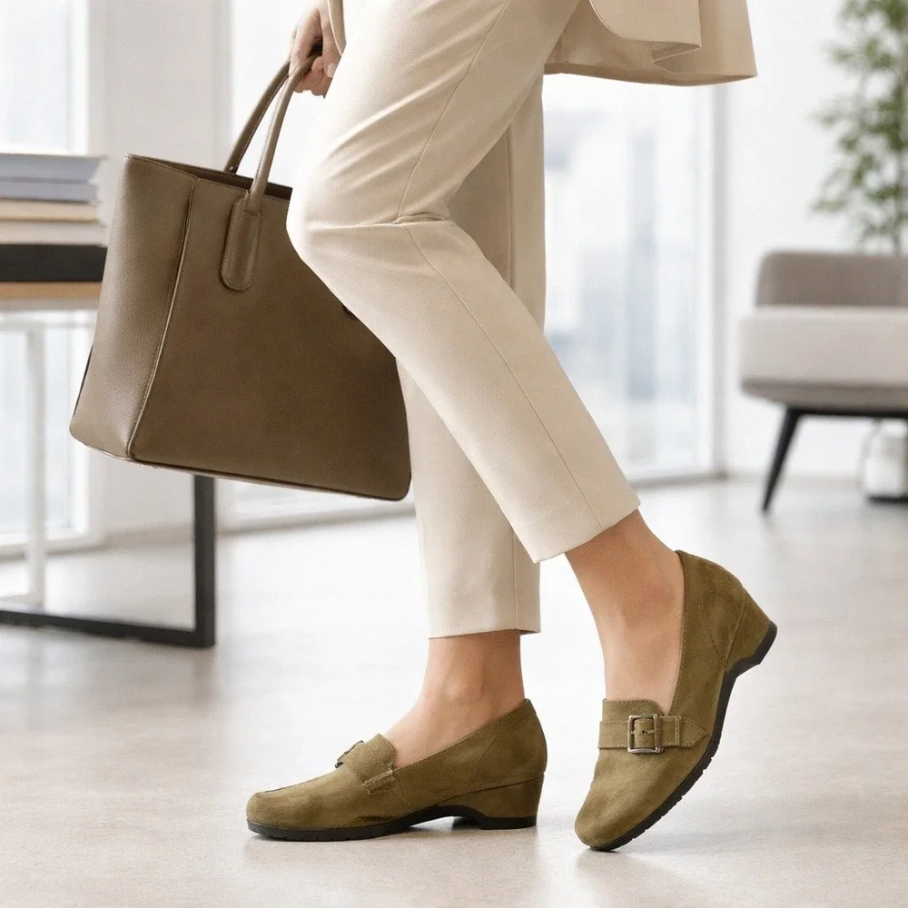 Aerosoles Suede Leather Wedge‎ Loafers Olive Buckle Comfort Heels Women's 5.5